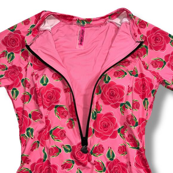 Betsey Johnson Womens One Piece Swimsuit Scuba Knit Half Zip Long Sleeve Pink M - Picture 5 of 14